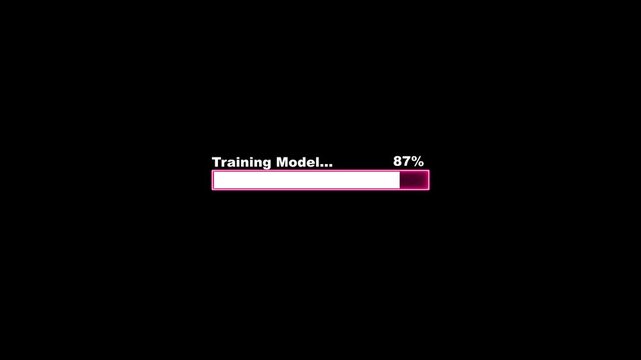 Training model progress bar looping motion graphic, futuristic machine learning status loading indicator, artificial intelligence HUD element on black background 4k .
