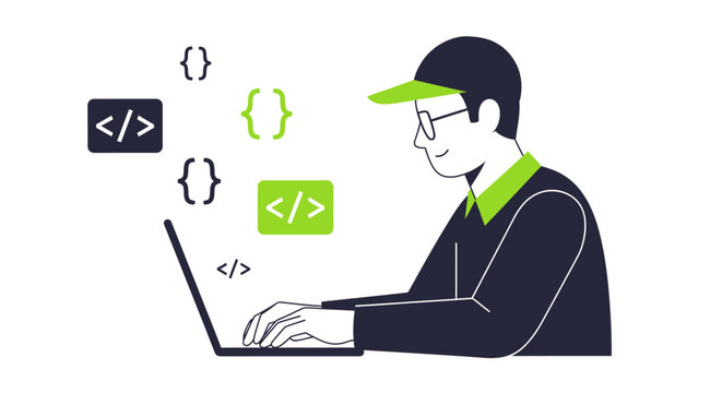 Software Developer and Web Programmer Working on Laptop with Coding Symbols Illustration