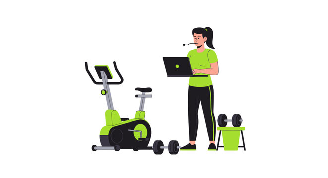 Female Online Fitness Coach with Laptop and Exercise Bike Vector Illustration - Virtual Personal Trainer and Home Workout Concept