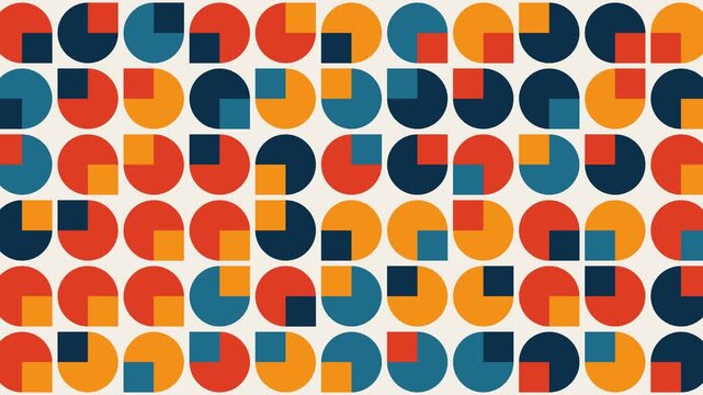 Abstract geometric pattern featuring colorful divided circles in a retro mid-century modern style.