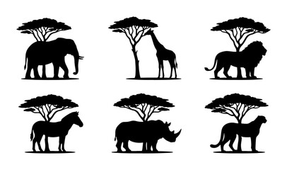African Wildlife Silhouettes: Elephant, Giraffe, Lion, Zebra, Rhino, Leopard with Acacia Trees, Safari Vector Icons Set, Nature Landscape Elements © Imran
