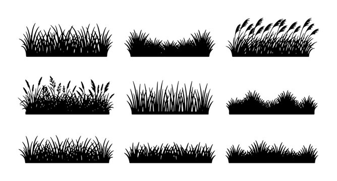 Diverse Grass Silhouettes, Vector Elements for Nature Scenes, Organic Ground Cover Collection, Black and White Botanical Illustrations