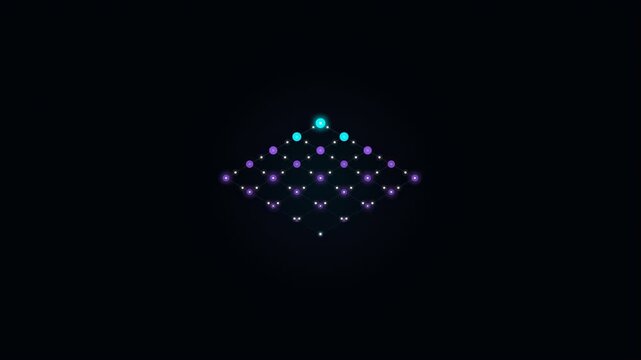 Glowing purple and green dots form a diamond pattern on a dark background