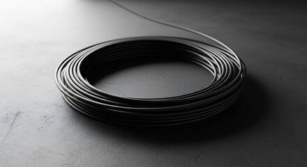 Fototapeta premium Coil of black electrical cable on dark textured surface
