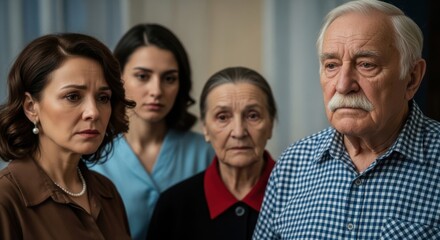 Fototapeta premium Four people of different ages looking worried in a room