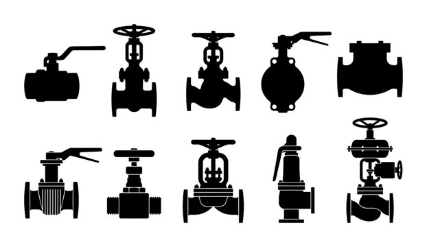 Set of industrial pipeline valve silhouettes featuring ball gate globe and butterfly designs for engineering and fluid control systems