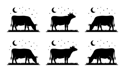 Obraz premium Six Black Cow Silhouettes Grazing and Standing Under Crescent Moon and Stars, Farm Animal Icons, Rural Night Scene Vector Set