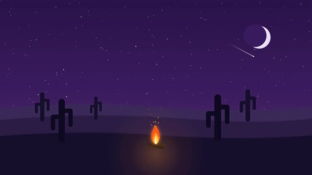 Pixel Art Desert Landscape at Night with Shooting Stars Loop