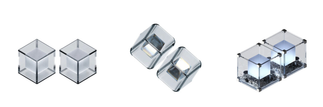 Set of two shows glass display cases, each containing a luminous cube isolated on a transparent background