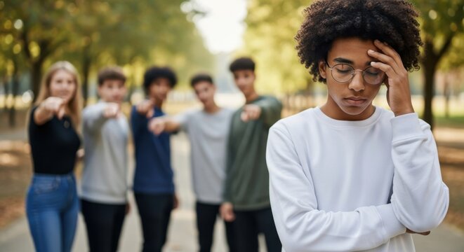 Teenager feeling sad and alone as peers point fingers at him