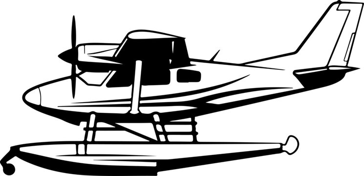 seaplane, vector airplane, floatplane illustration, black and white