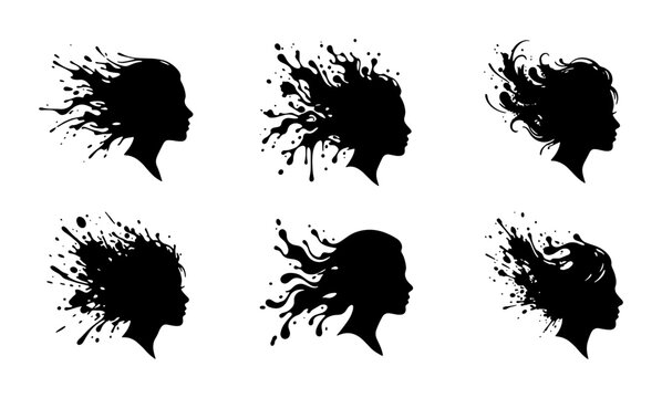 Silhouette Profiles of Women's Heads with Exploding Hair, Abstract Ink Splatter Effect, Black Vector Art Set for Creative Design