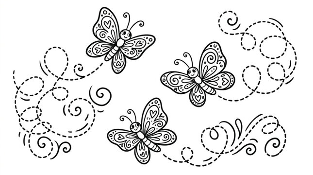 Whimsical flying butterflies vector illustration with dotted flight trail lines in playful hand drawn sketch style on white background