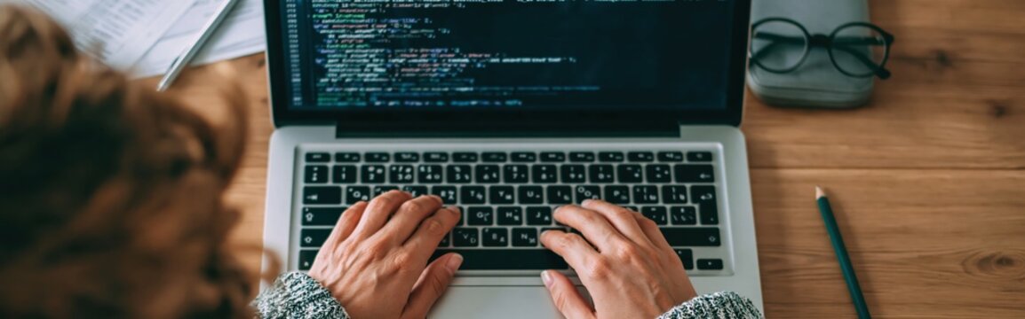 Coding on a laptop by a programmer typing software development work at a desk