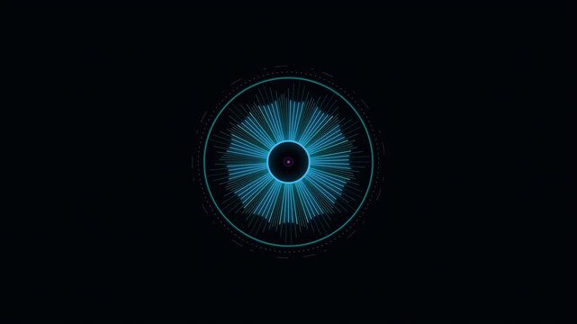A glowing blue eye surrounded by a circle on a black background with white space