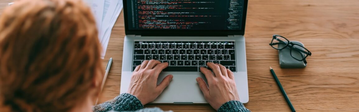 Programming and coding on a laptop computer by a software developer at office desk