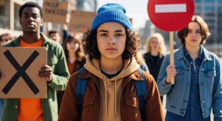 Obraz premium Young diverse group of people protesting on city street with signs