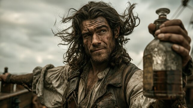 Europe medieval lifestyle. A dramatic portrayal of a man with long, wavy hair and a beard, set against a cloudy sky. He wears a worn leather vest and holds a bottle in his right hand.