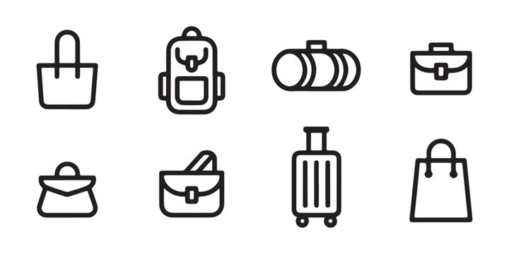 Collection of bag icons including shopping bag, backpack, duffel bag, briefcase, handbag, suitcase vector.