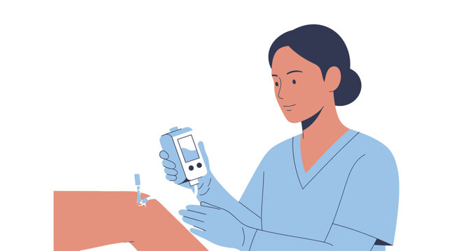 Nurse checking blood sugar with glucometer on patient's arm, diabetes care, medical examination