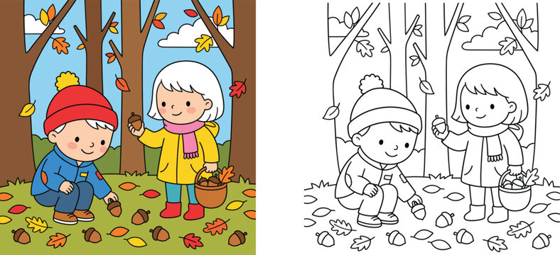 Children collecting acorns in autumn forest vector illustration with coloring page template, cute boy and girl gathering oak seeds in fall woods outline line art for kids activity.