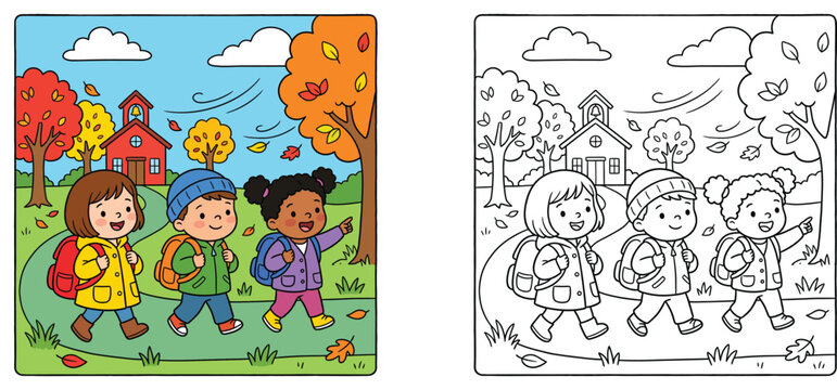 Children walking to school in autumn vector illustration with coloring page template. Cute cartoon schoolboys and schoolgirls with backpacks in fall season outline and colored version.