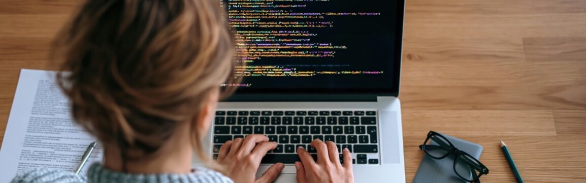 Programmer woman typing code on laptop computer at office desk for software work