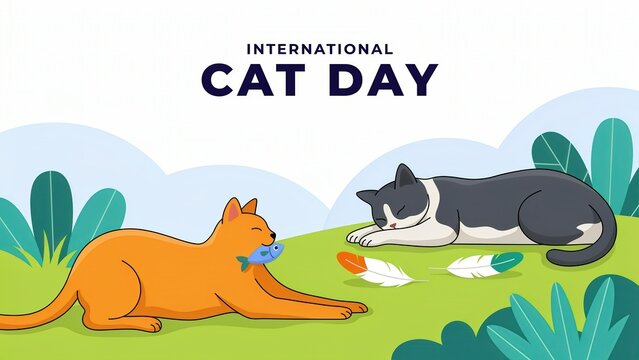 International Cat Day banner with a ginger cat eating a fish and a sleeping feline