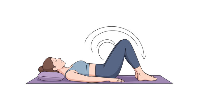 Woman doing pelvic tilt exercise on yoga mat, spine mobility, core strength, relaxation