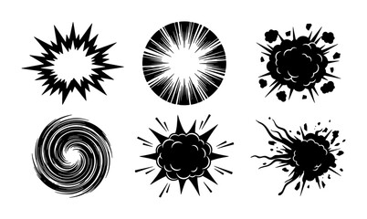 Explosion and Impact Vector Icons, Comic Book Sound Effects, Action Burst Graphics, Dynamic Energy Splatter Elements, Black and White Graphic Resources © Sadia
