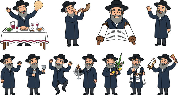 Jewish Orthodox Rabbi Character Vector Set with Religious Holiday Symbols including Torah Scroll, Shofar Horn, Menorah, Lulav, and Shabbat Dinner Table Icons