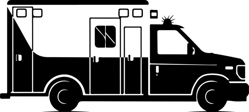 Black ambulance vector icon, emergency vehicle silhouette, medical transport illustration, isolated white background