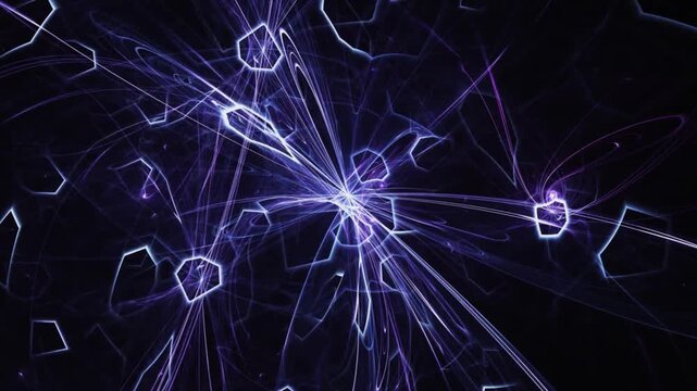 Abstract fractal animation with glowing purple and blue light rays, exploding geometric shapes and network lines on a dark background.