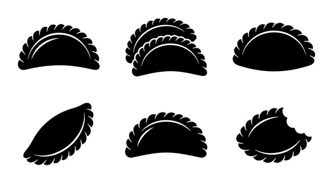 Black Silhouette Dumpling Icons, Empanada Vector Graphics, Fried Pastry Symbols, Savory Snack Illustrations, Culinary Food Elements, Simple Appetizer Shapes
