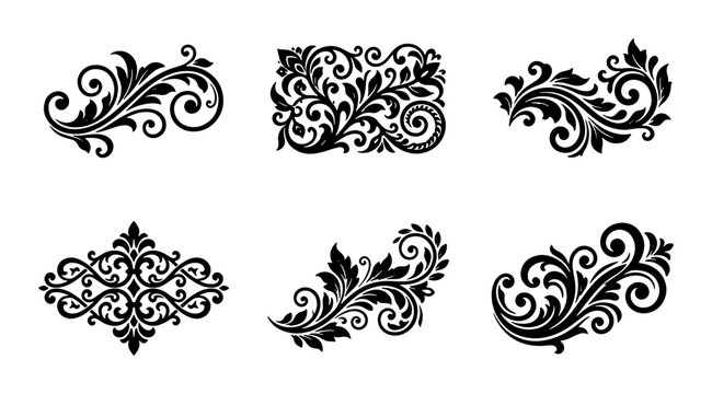 Elegant Black Flourish Ornaments, Vintage Swirl Decorative Elements, Classic Scrollwork Accents, Set of 6 Vector Graphics