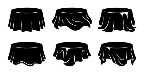 Set of six black draped pedestals, round display stands covered with fabric, presentation podiums for product showcase, event setup, and retail display © Arif