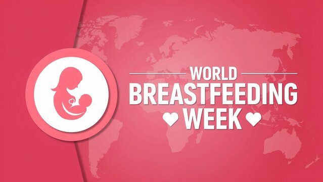 World Breastfeeding Week banner with pink world map and mother nursing baby icon
