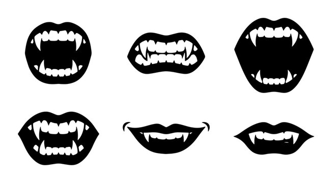 Vampire Fangs Vector Icons, Dracula Mouth Silhouettes, Spooky Halloween Teeth Graphics, Horror Bite Symbols, Black and White Monster Lips Set