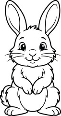 Obraz premium A cute cartoon bunny rabbit character sitting and smiling, vector line art coloring page illustration isolated on white background.