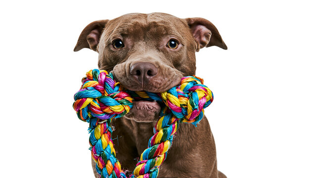 Brown pit bull dog holding colorful rope toy in mouth