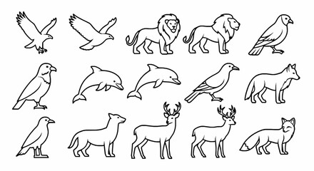 Fototapeta premium Set of animal line icons, including lion, eagle, dolphin, deer, wolf, and fox