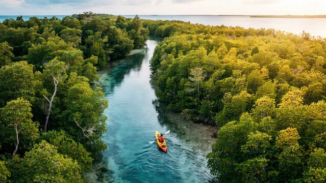 High angle view of a person kayaking through a lush green mangrove forest channel