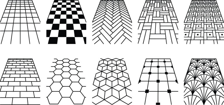 Perspective floor tiling grid pattern collection featuring geometric layout guides, architectural mesh structures, and dimensional line grids in modern technical style.