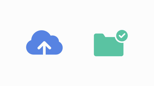Blue cloud upload icon and green folder with checkmark for cloud storage and synchronization