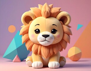 Obraz premium Cute 3 d cartoon lion cub sitting in front of colorful geometric shapes