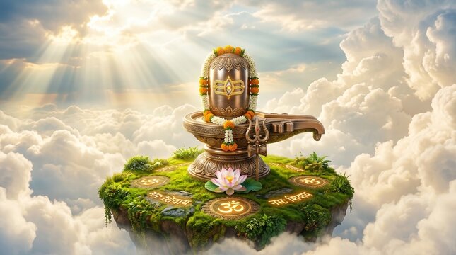 Lord Shiva Lingam Vector on Floating Island with Om Symbol and Trishul in Heavenly Clouds Background