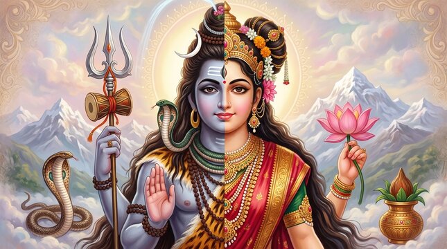 Ardhanarishvara Vector Illustration: Lord Shiva and Goddess Parvati Half and Half Divine Cosmic Fusion with Trishul and Lotus in Himalayas