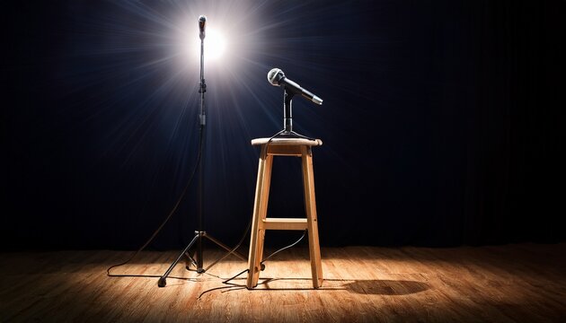 microphone and wooden stool on a stand up comedy stage with reflectors ray high contrast image