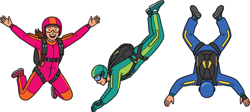 Extreme Skydiving Vector Character Set with Men and Women Skydivers Freefalling in Air wearing Colorful Jumpsuits Helmets and Parachute Packs
