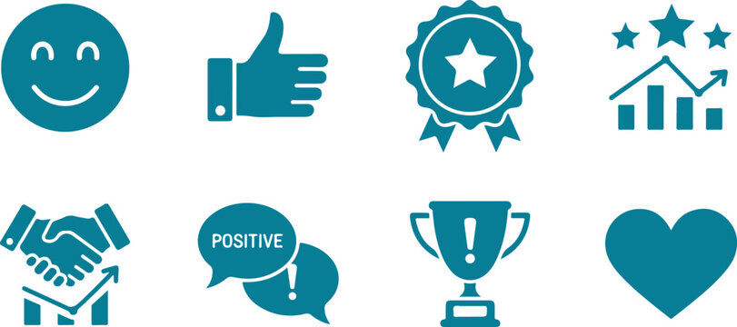 Set of positive feedback and achievement icons featuring smiley face handshake trophy stars growth chart heart